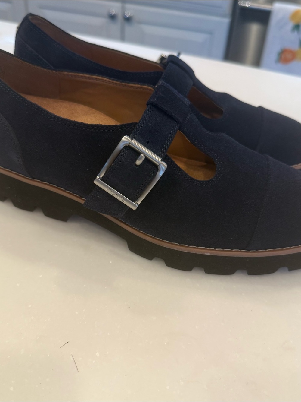 Vionic Carmen Women's US 6.5 W Navy Suede T-Strap Lug Sole Mary Jane Shoes NEW - Picture 5 of 14